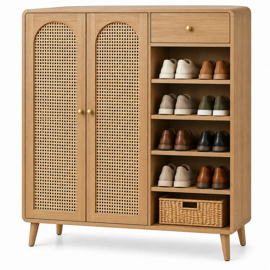 Mueble zapatero con detalles de entramado y estantes, marrón