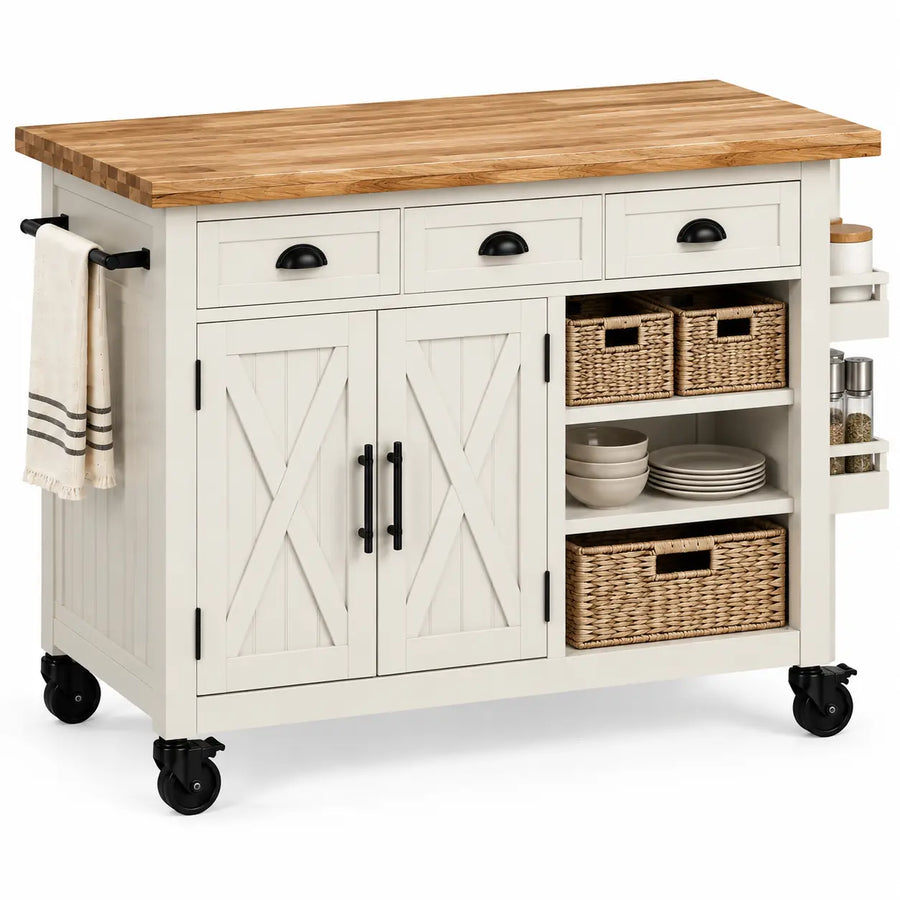 Mueble auxiliar de cocina con ruedas con detalles cruzados y estantes, blanco y marrón