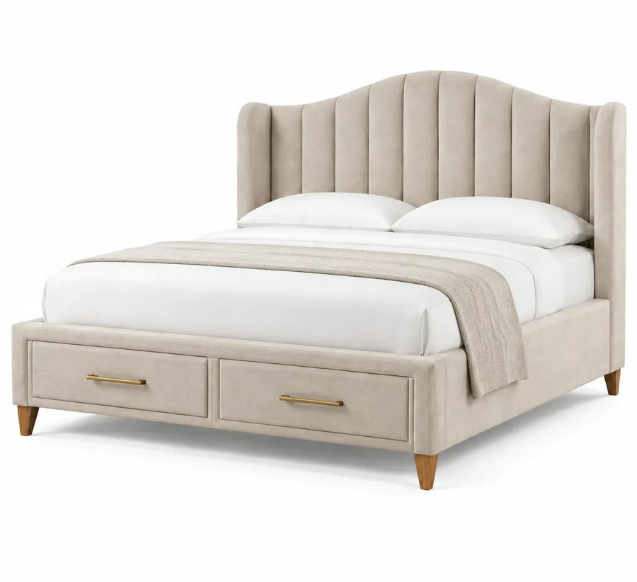 Estructura de cama con cabecero con acolchado acanalado y cajones, beige y marrón