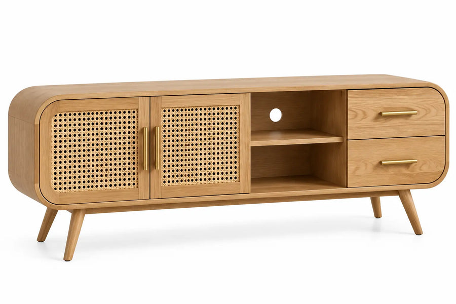 Mueble bajo para televisión con detalles de entramado y estantes, marrón