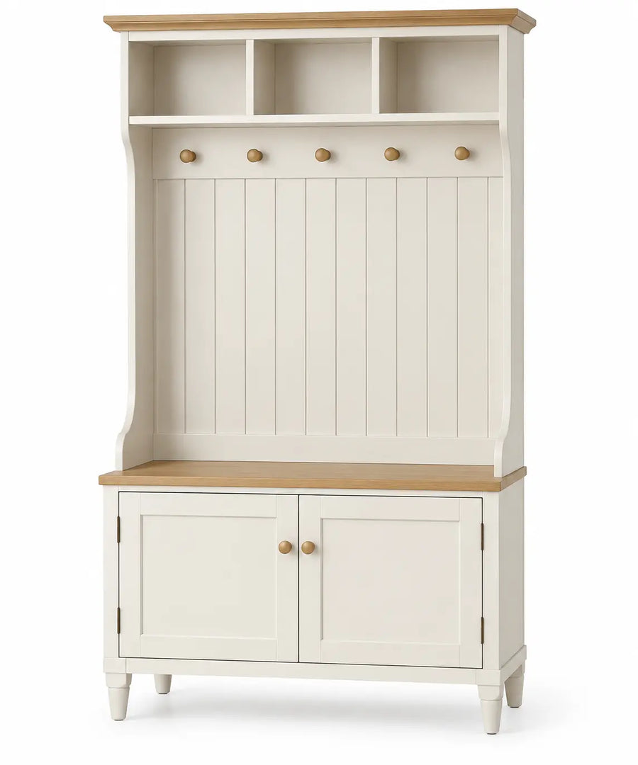 Mueble de recibidor con estantes y cajones, blanco y marrón