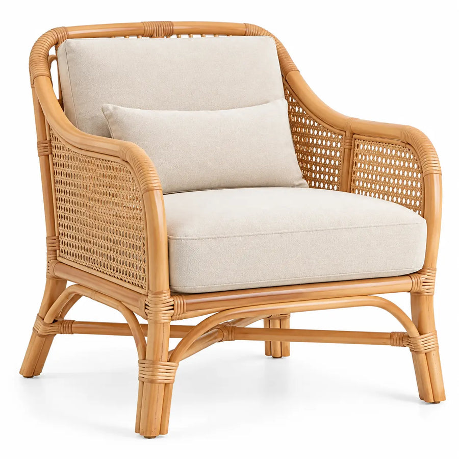Sillón con estructura abierta con detalles de entramado, beige y marrón