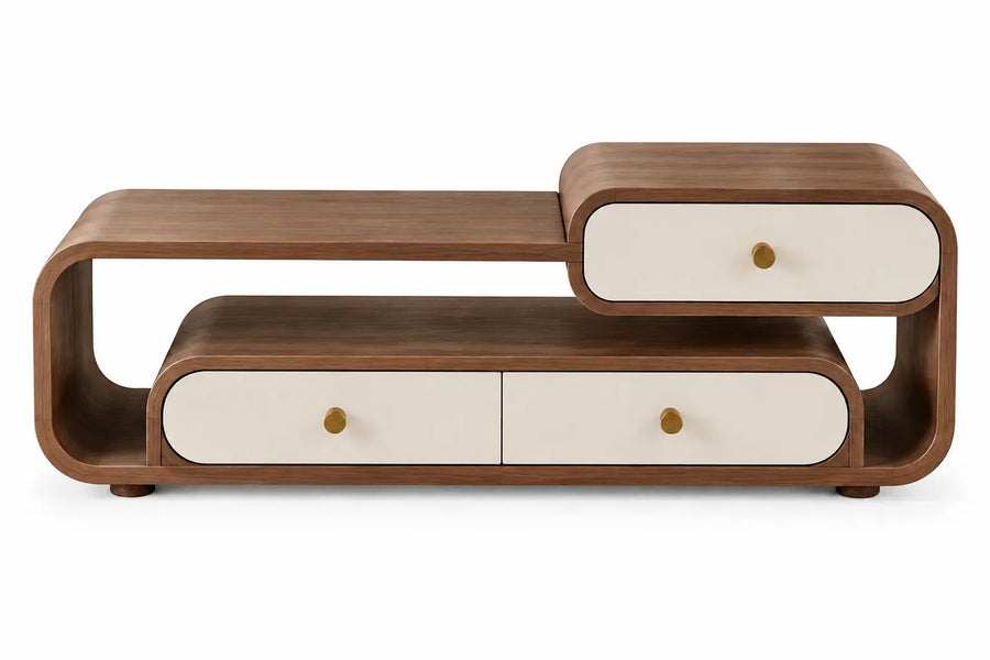 Mueble bajo para televisión de contorno redondeado, marrón y blanco
