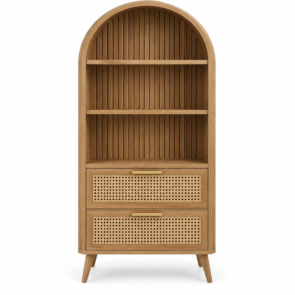Estantería con almacenamiento con formas arqueadas y detalles de entramado, marrón