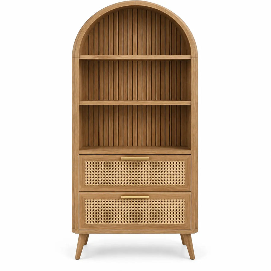 Estantería con almacenamiento con formas arqueadas y detalles de entramado, marrón