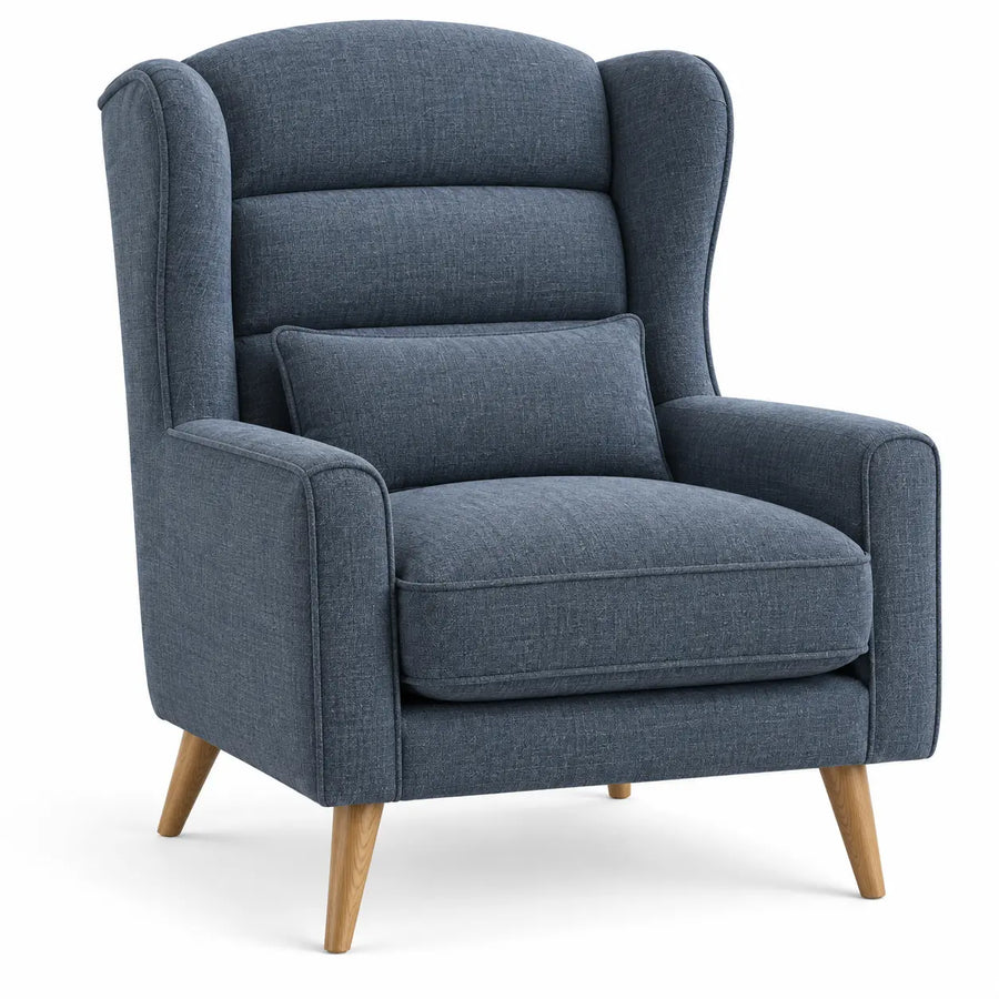 Sillón tapizado con respaldo alto, azul y marrón