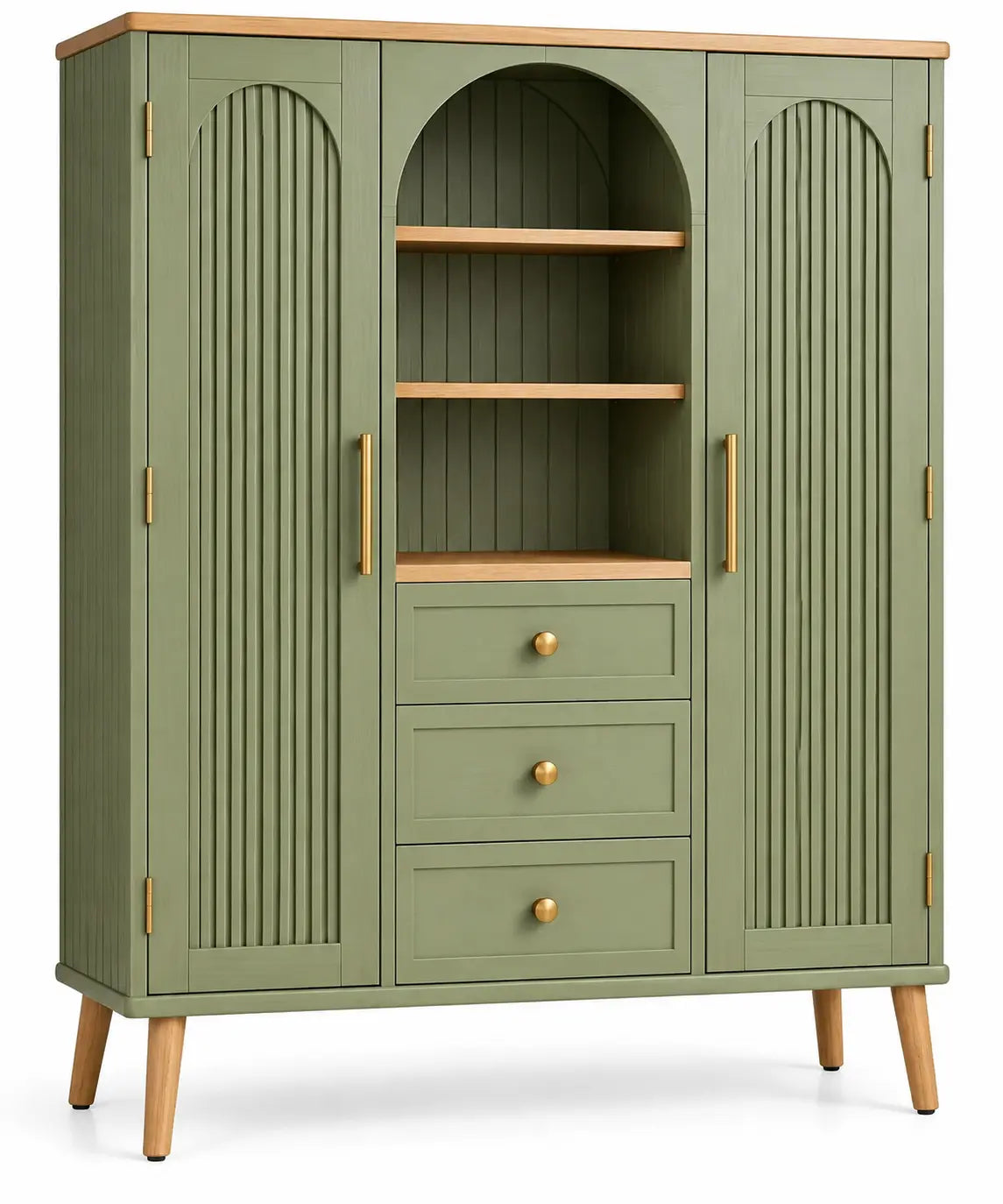 Armario de almacenamiento con formas arqueadas y estantes, verde