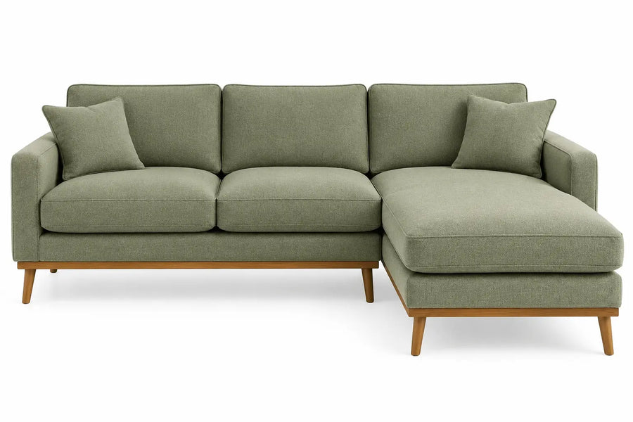 Sofá esquinero tapizado con patas elevadas, verde y marrón